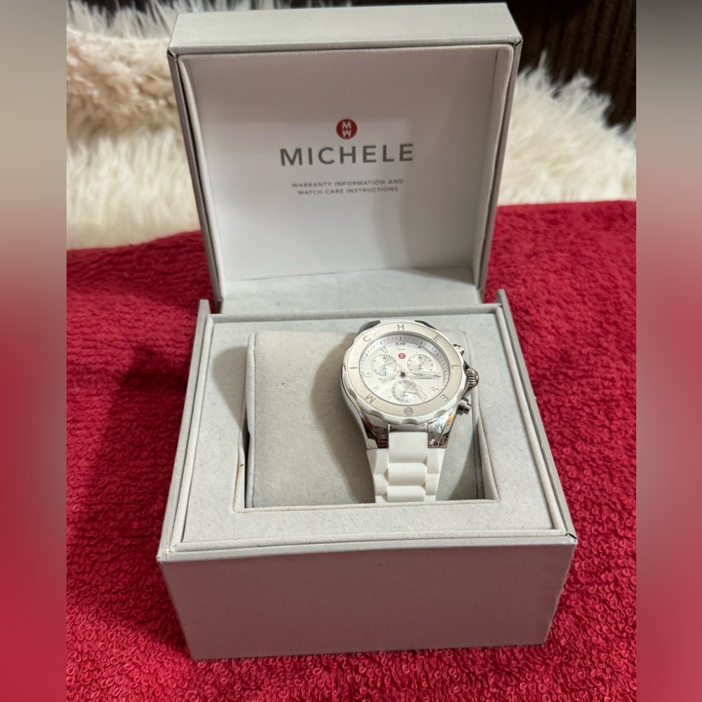 MICHELE Silver Stainless Steel Case with White Silicone Strap Women’s Wristwatch